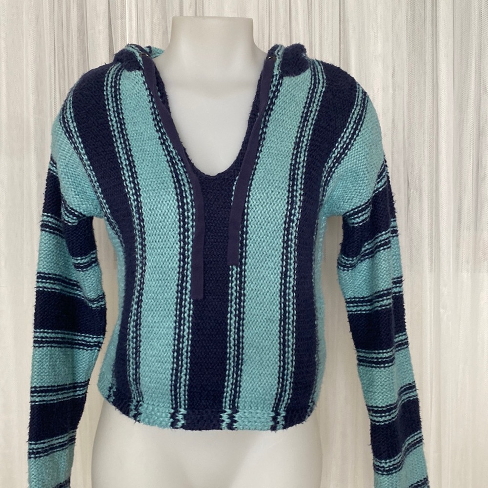 Wildfox Striped Hooded Crop Top in Navy and Aqua